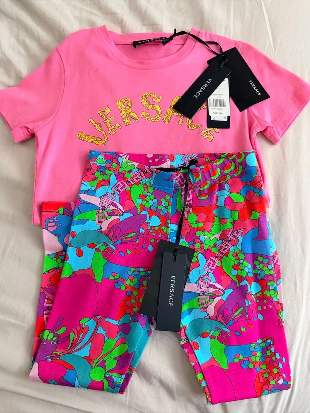 Versace Hot Pink Logo Tee with Multicolor Floral Leggings